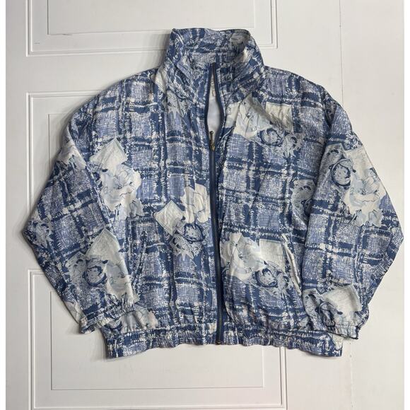 Vintage Out Brook L Silk Bomber Jacket White Blue Floral Fashion Model Shoulder - Picture 1 of 5